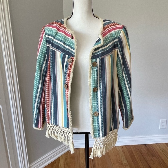Multiples striped tassel fringe bohemian look open front jacket in a size large - Picture 12 of 16